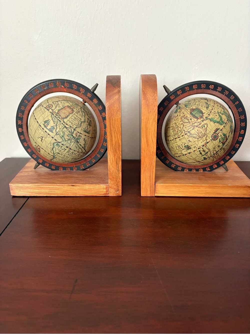 Old World Style VTG Globe Bookends MCM Wood Base Spinning Globes Meridian Ring